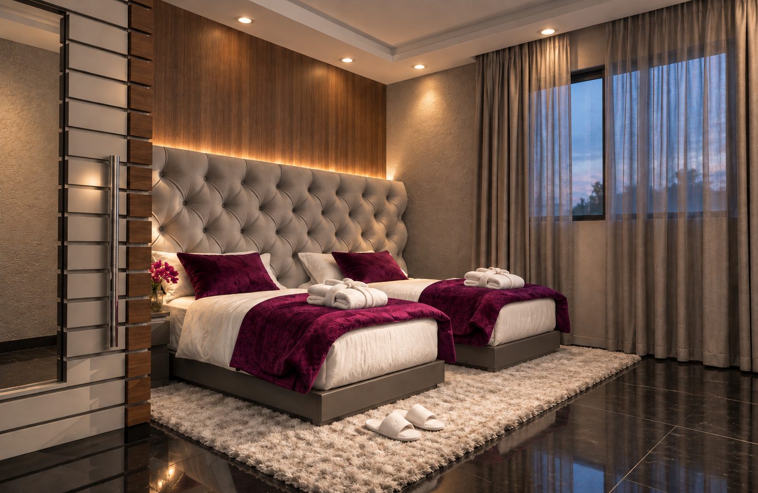 Bedroom with bathrobes and white rug