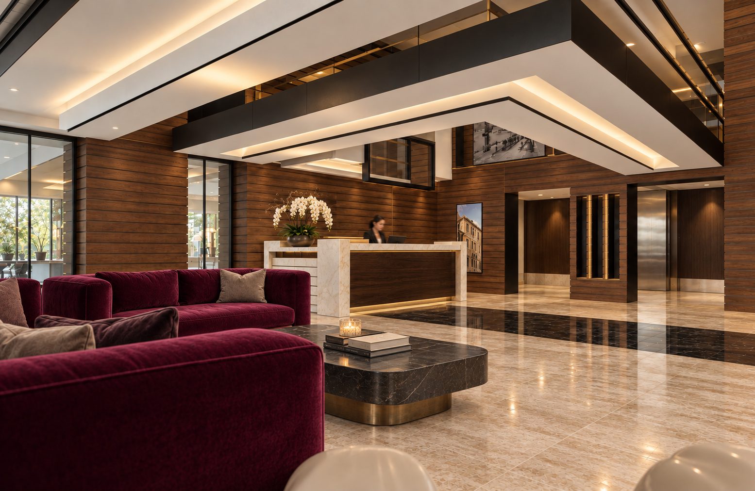 Boutique hotel lobby with magenta velvet sofas