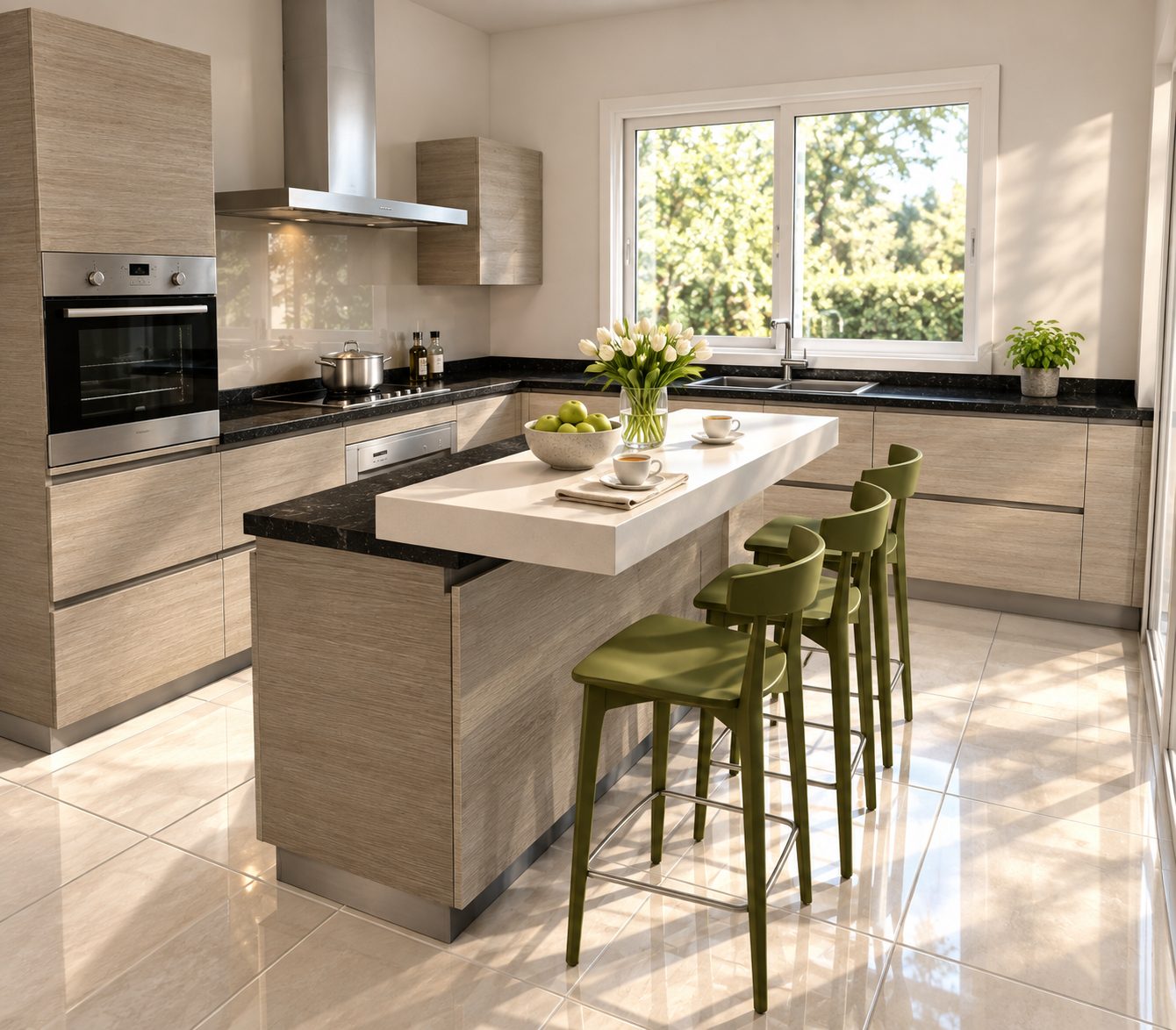 Kitchen with oak veneer units, white breakfast bar and garden view