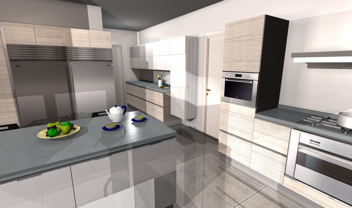 Open kitchen with a grey island and steel appliances