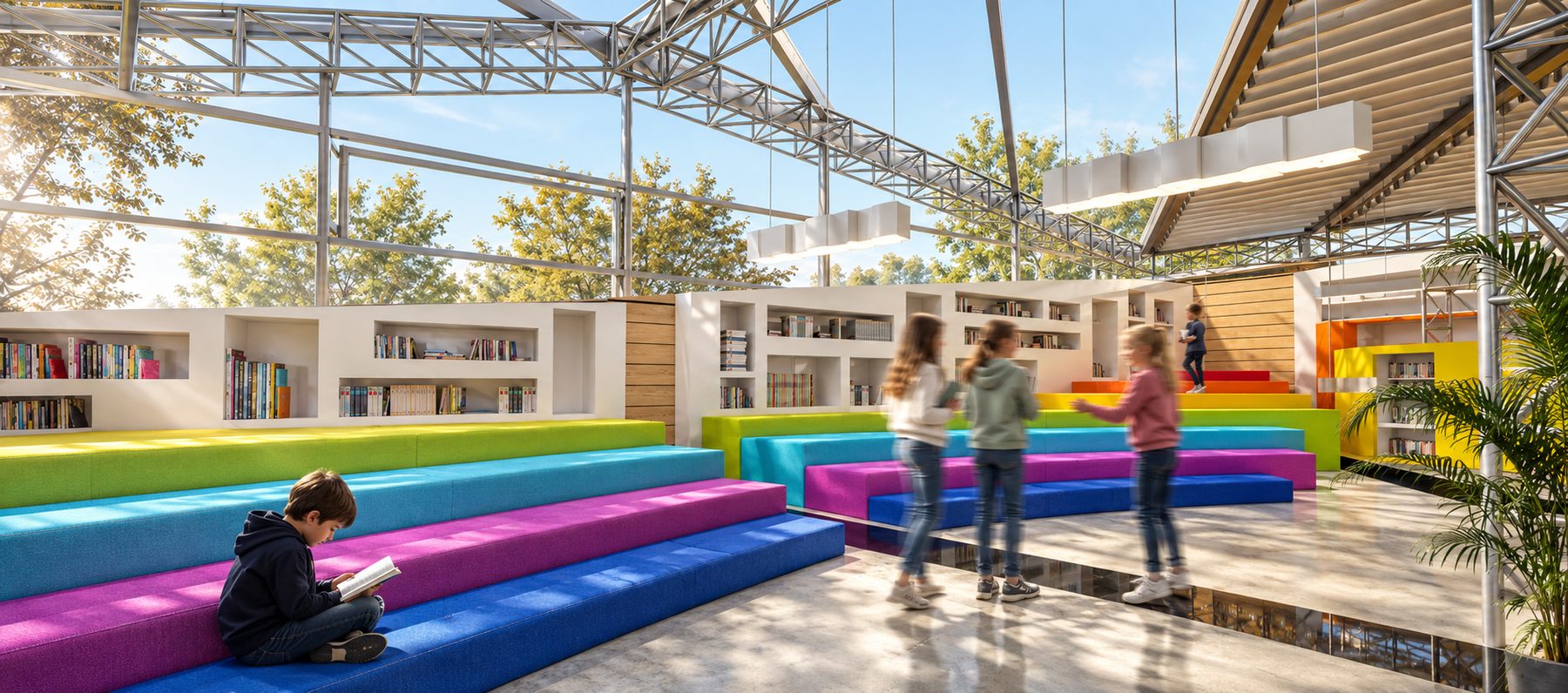 Rainbow reading steps under a glass roof